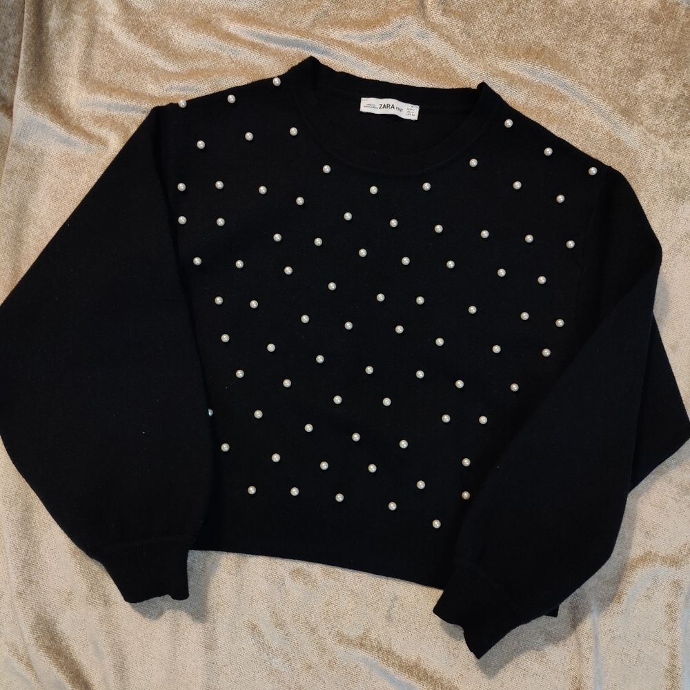 Zara Black Knit Crop Top with Pearl Details, Size M